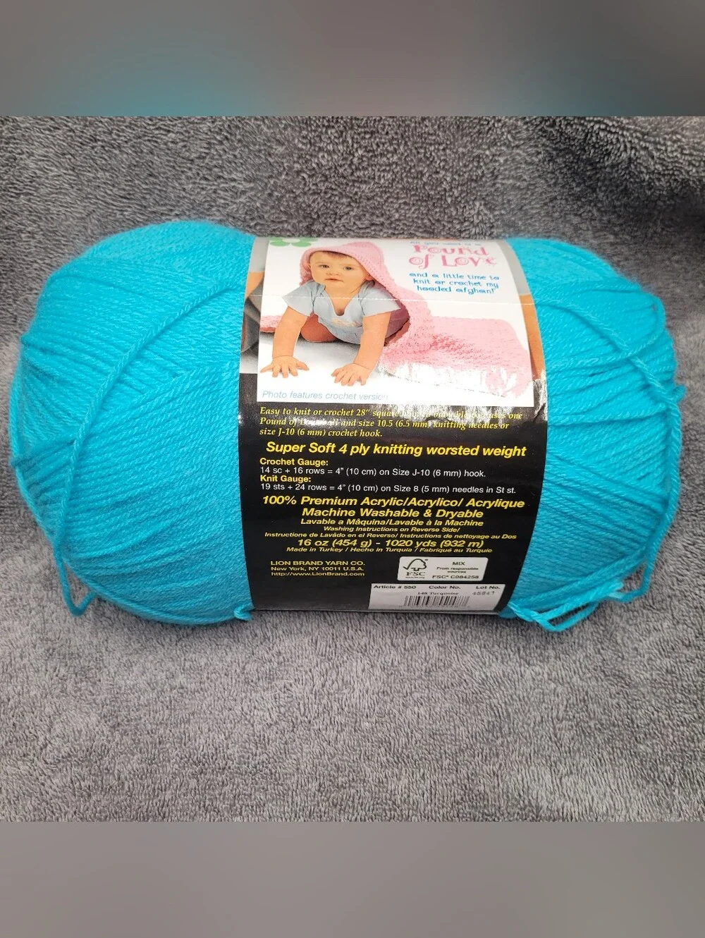 Lion Brand Baby Yarn- 1 Pound, Soft Acrylic. Turquise-Blue. Knitting & Crochet